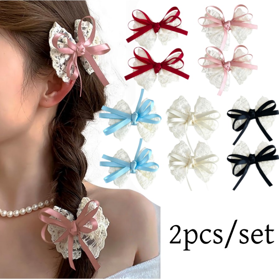 Travel Accessories In Bulk - 2pcs/set Cute Lace Bow Hair Clips